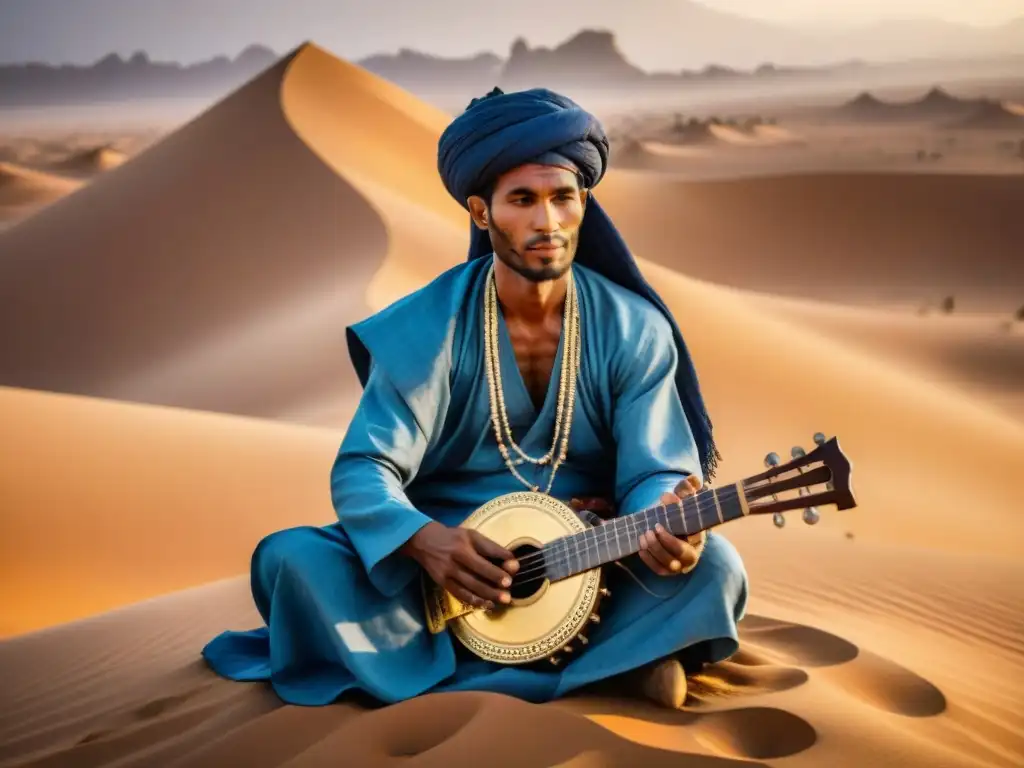 Un músico Tuareg tocando un Imzad en el desierto del Sahara, capturando la música de los pueblos nómadas de África