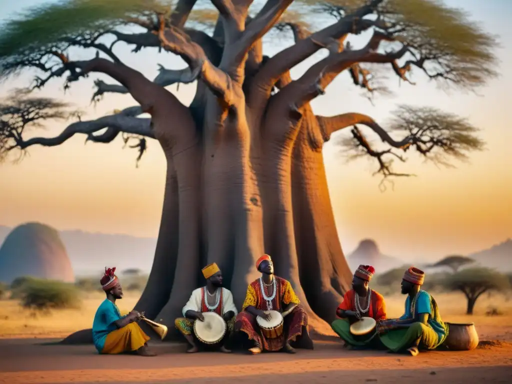 Músicos africanos tocando bajo el baobab al atardecer, origen música africana influencia global