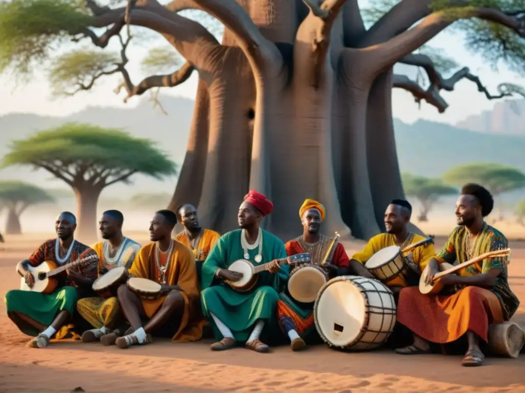 Músicos africanos tocando bajo un baobab, reflejando la importancia de la música en la resistencia cultural africana