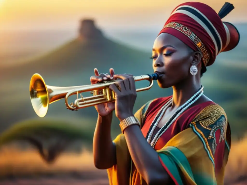 Músicos africanos tocando instrumentos únicos de África al atardecer en la sabana