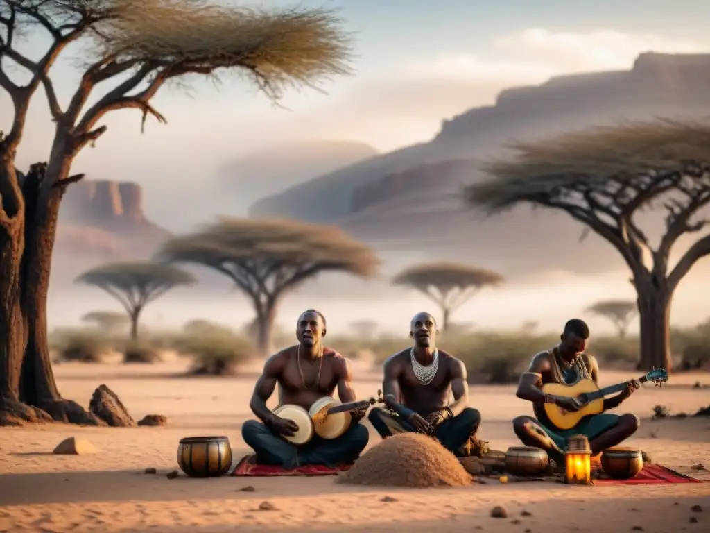 Músicos africanos tocando bajo el sol en un paisaje árido, transmitiendo determinación y conciencia sobre el cambio climático