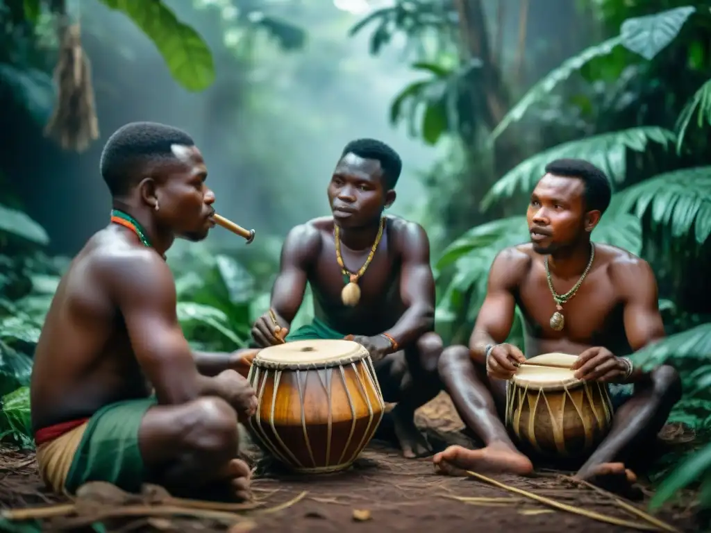 BaAka Pygmy músicos tocando instrumentos tradicionales en la selva africana