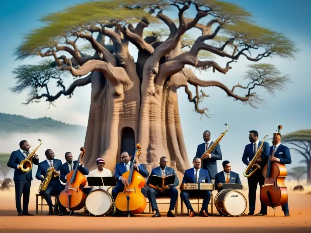 Músicos de jazz bajo baobab en África fusionando influencias de música africana en jazz