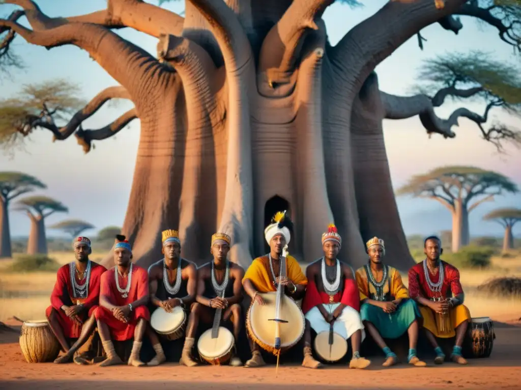 Músicos tribales africanos tocando bajo el baobab, resaltando la preservación cultural