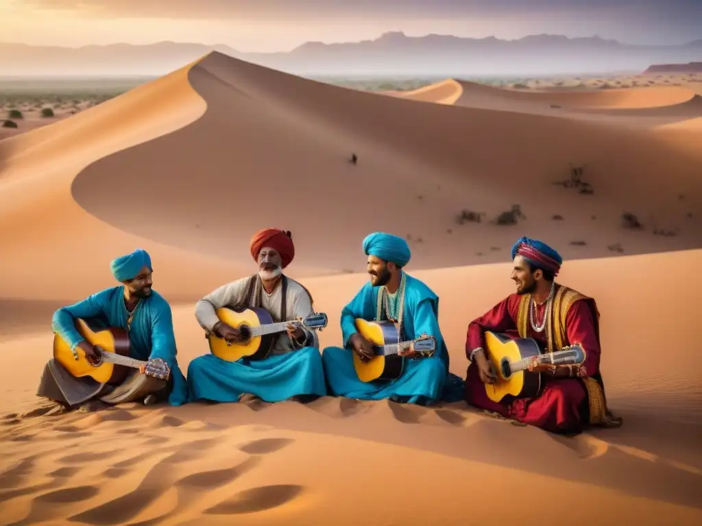 Músicos Tuareg tocando bajo el cielo del desierto del Sáhara, influencia cultural del Comercio Transahariano en África