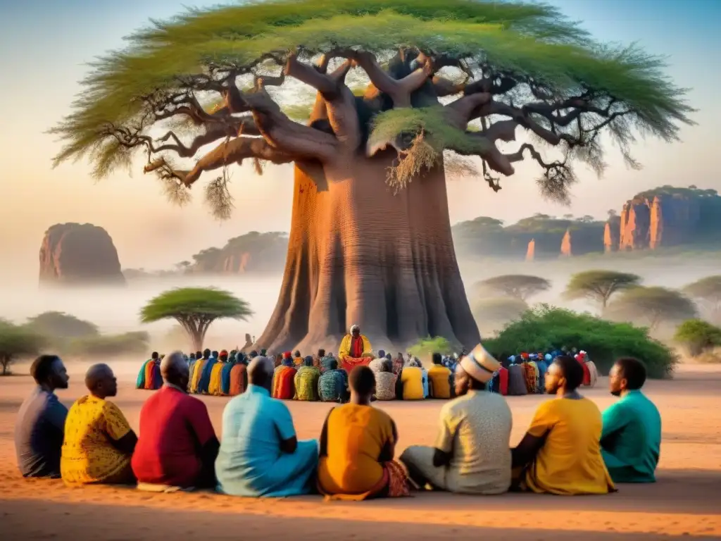 Narrador africano bajo baobab con oyentes diversos, resaltando diversidad cultural civilizaciones africanas