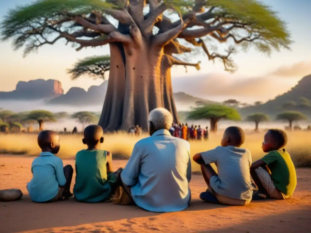 Narrador de historias africanas bajo baobab, cautivando a niños con relatos de civilizaciones