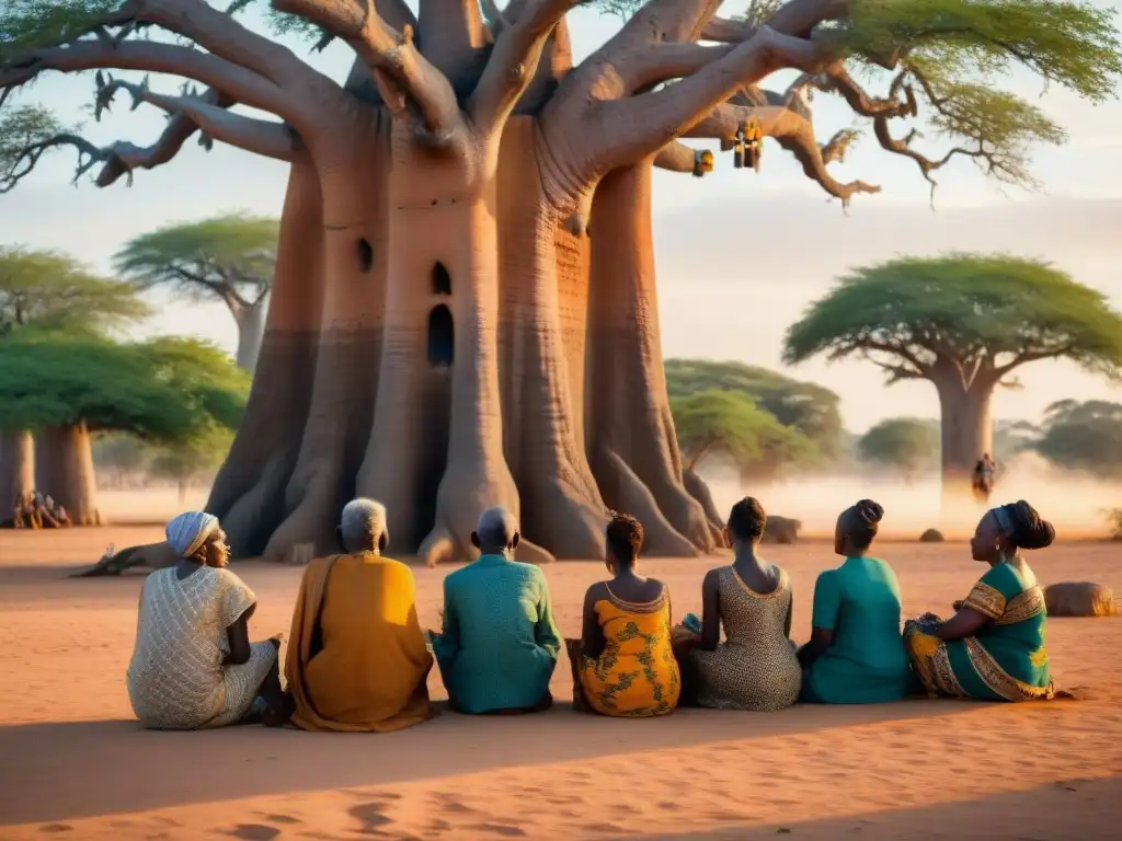 Narrador de historias africanas, sabio anciano bajo un baobab rodeado de oyentes de todas las edades, inmersos en relatos épicos al atardecer