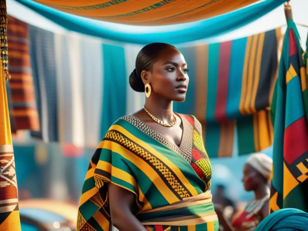 Narrativa visual en culturas africanas: Kente y tradiciones en un animado mercado Ashanti