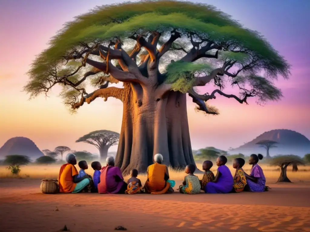 Narrativa visual en culturas africanas: Ancianos cuentan historias bajo un baobab, rodeados de niños atentos al anochecer en la sabana africana