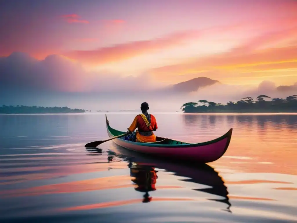 Navegación en el lago Victoria: Canoa de madera tradicional surcando aguas serenas al atardecer