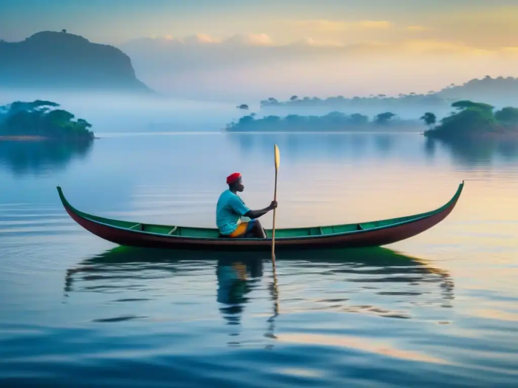 Navegación en el lago Victoria: Canoa de madera navegando al amanecer, con el navegante a la deriva