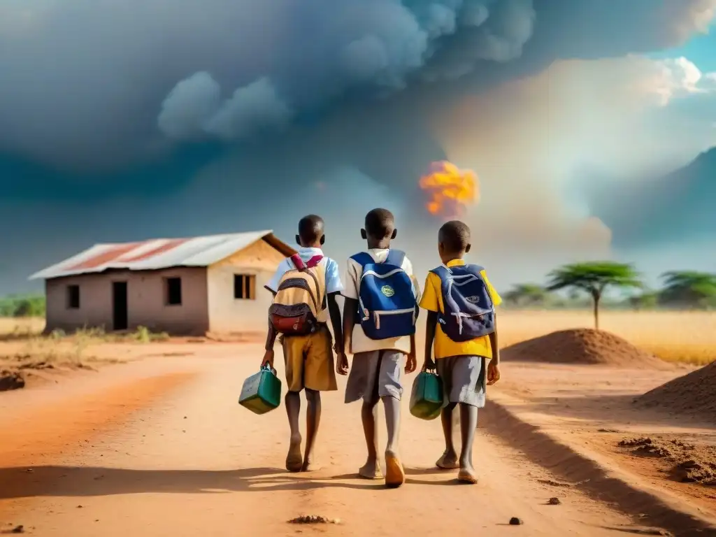 Niñas africanas caminan por sendero polvoriento hacia escuela en ruinas bajo sol ardiente