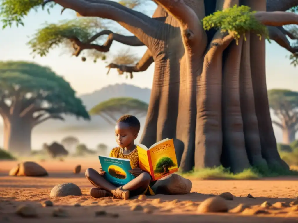 Un niño africano disfruta de literatura infantil sobre civilizaciones africanas bajo un baobab