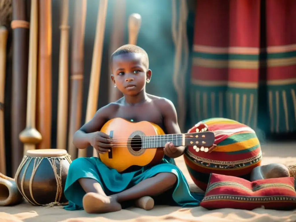 Niño africano aprendiendo kora con músico mayor en aldea rústica