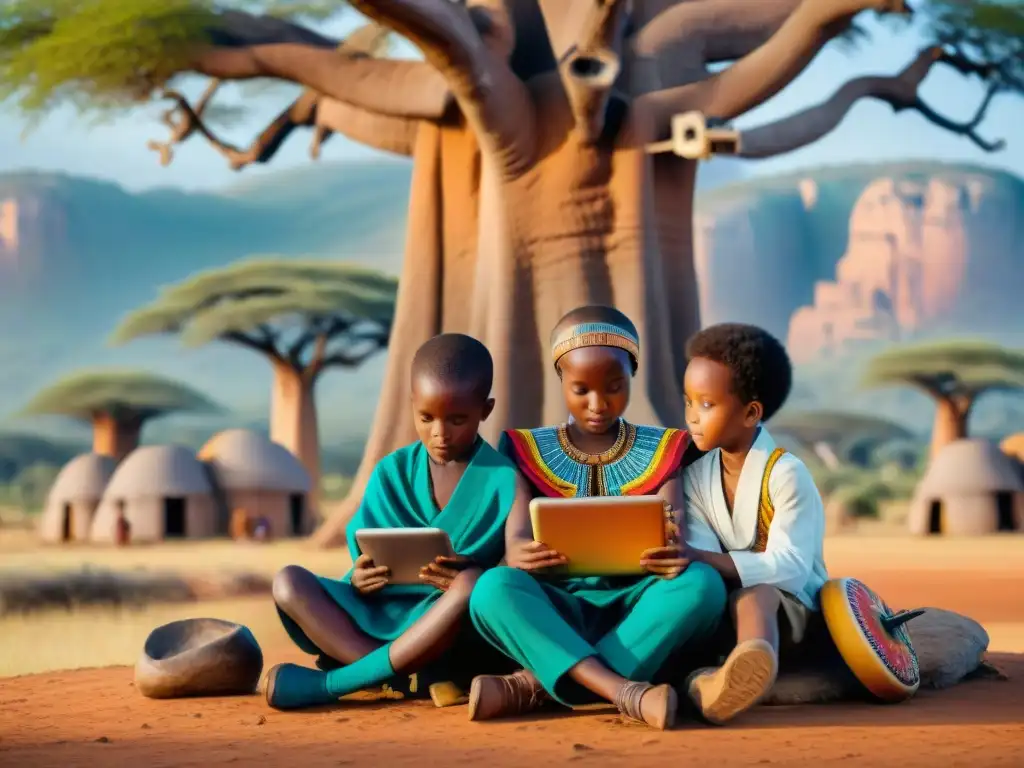 Niños africanos usan app educativa bajo baobab, resaltando tradiciones reinos africanos