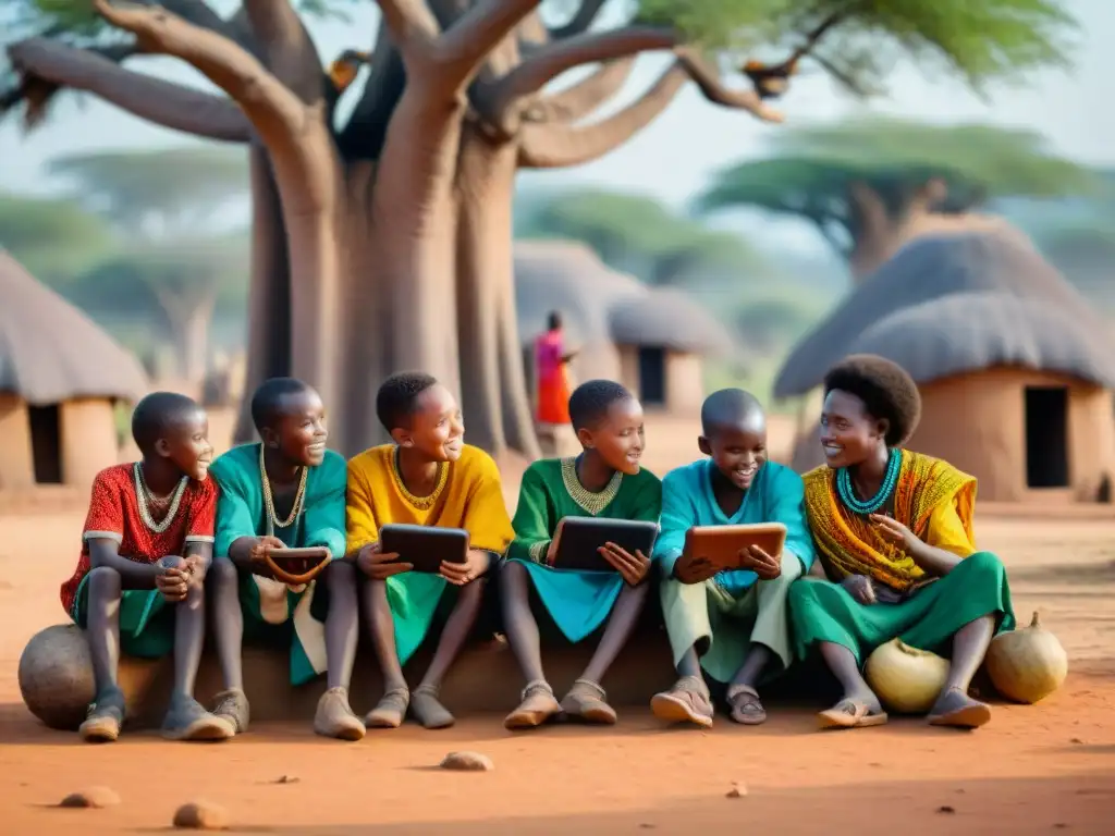 Niños africanos debatiendo con apps educativas bajo un baobab, en un pueblo vibrante