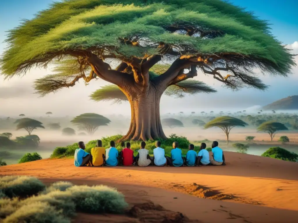 Niños africanos estudian bajo un árbol en una aldea rural, rodeados de naturaleza