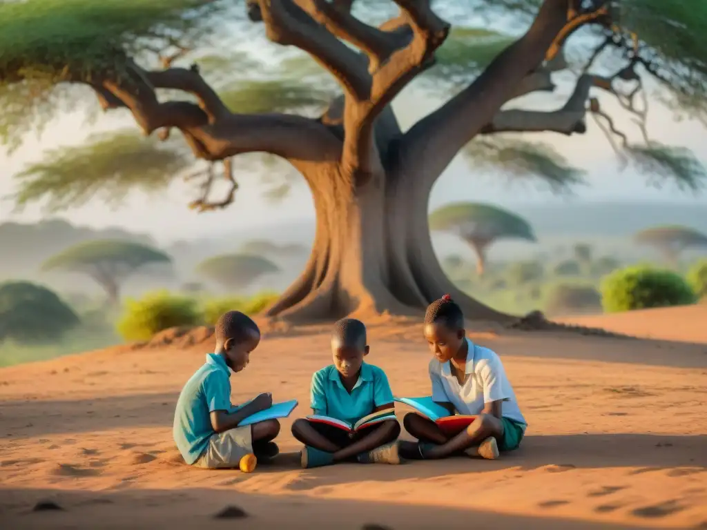 Niños africanos estudian bajo un árbol, desafiando los obstáculos educativos en África