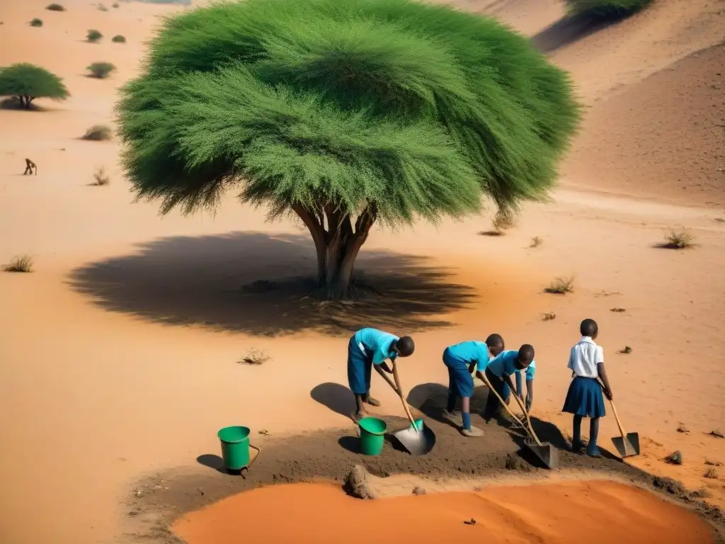 Niños africanos plantan árboles en un paisaje árido bajo el sol abrasador, simbolizando la lucha contra el cambio climático en la educación de África