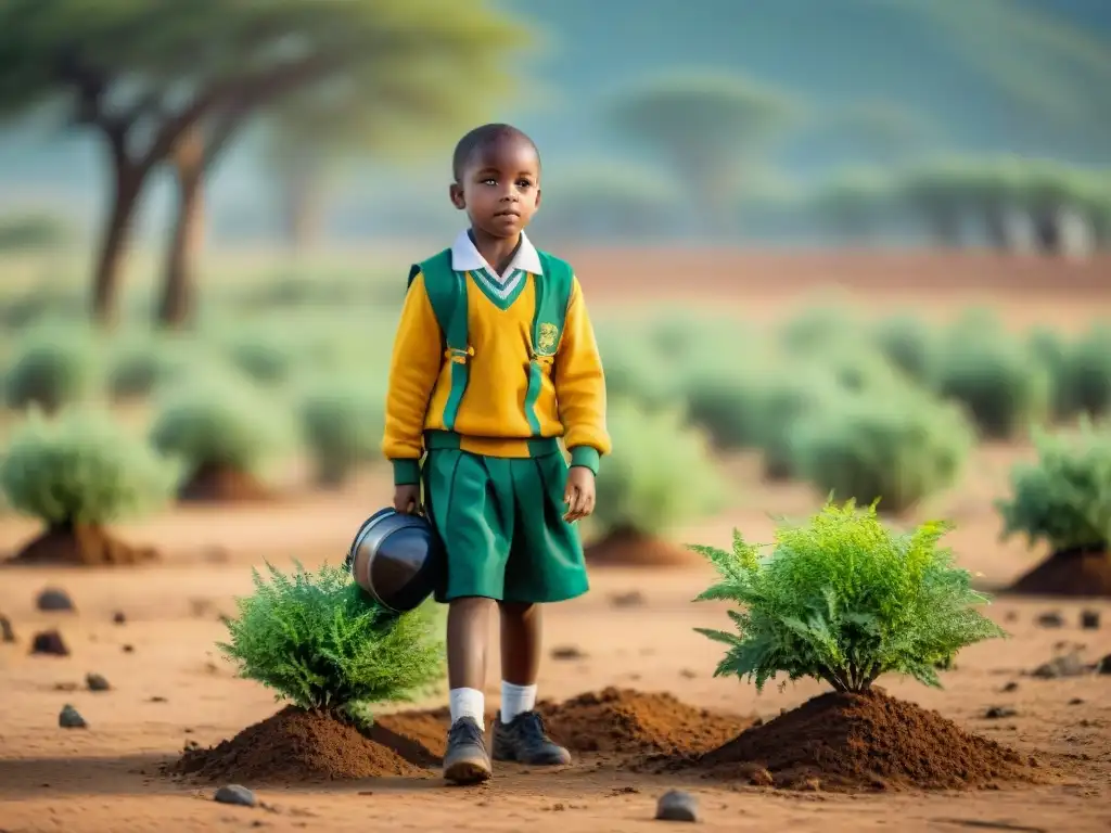 Niños africanos plantan árboles bajo el sol, reflejando esperanza y determinación ante el cambio climático en la educación de África