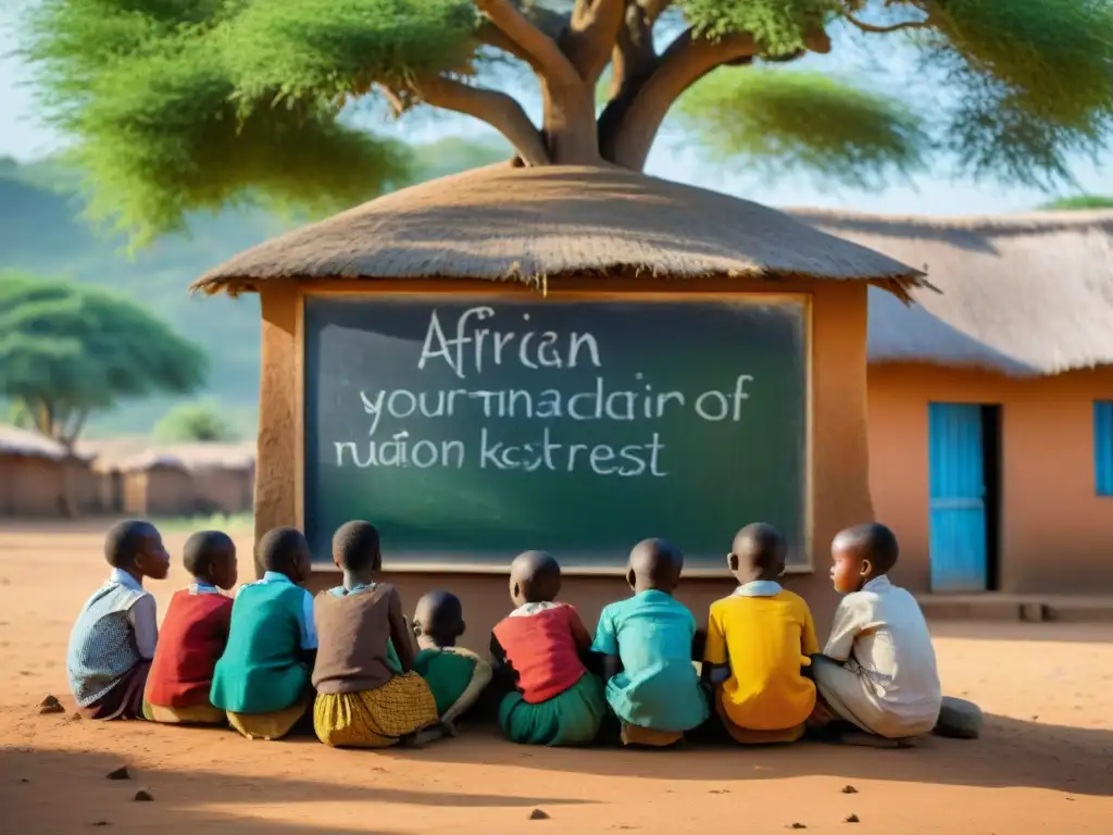 Niños africanos en aula rural bajo un árbol escuchan atentos a maestro africano