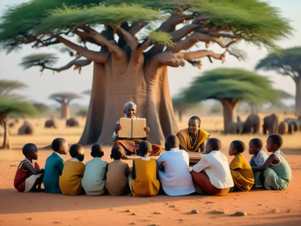 Niños africanos aprendiendo debajo de un baobab con anciano sabio y antigua tablilla de madera con símbolos