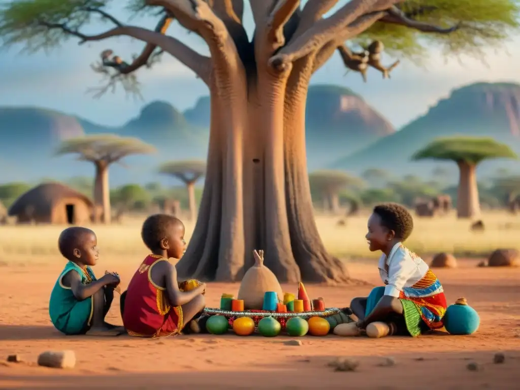 Niños africanos juegan bajo baobab: diversidad y tradición Niños africanos juegan bajo un baobab en la sabana