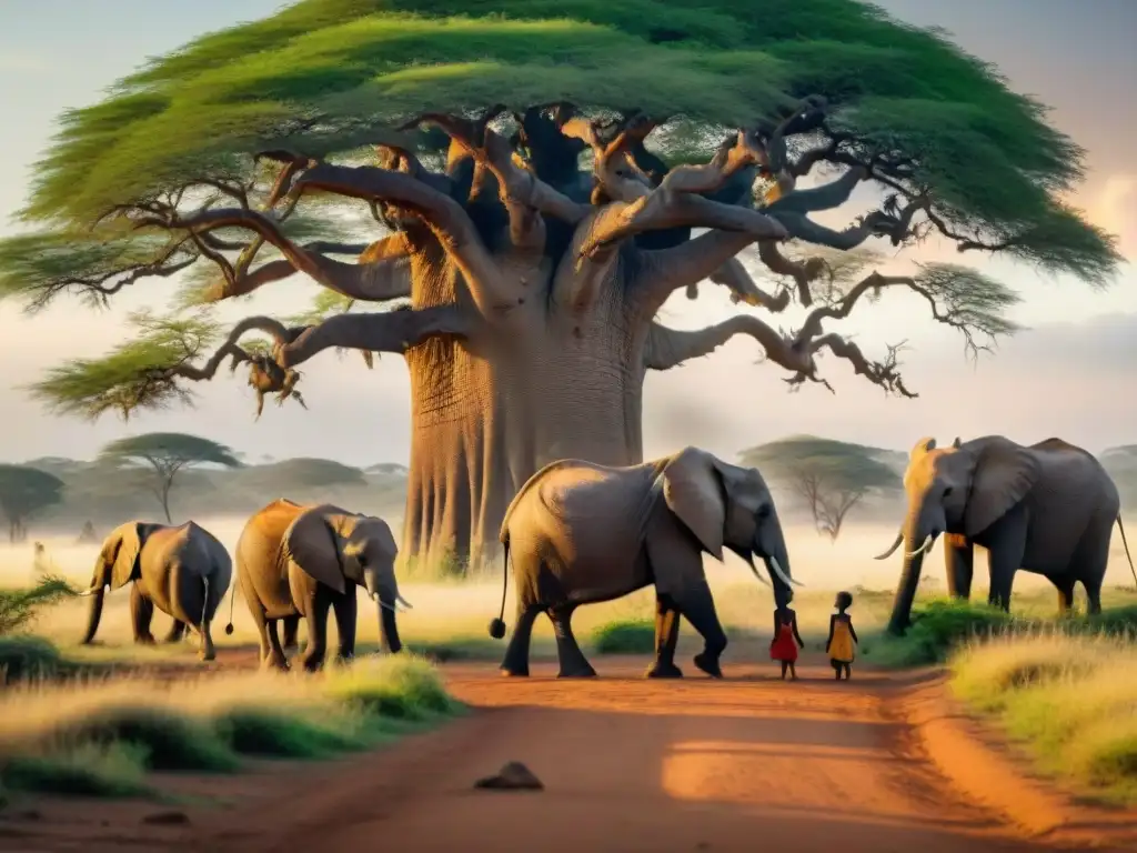 Niños africanos juegan entre baobabs y elefantes en la sabana, simbolismo ambiental arte africano