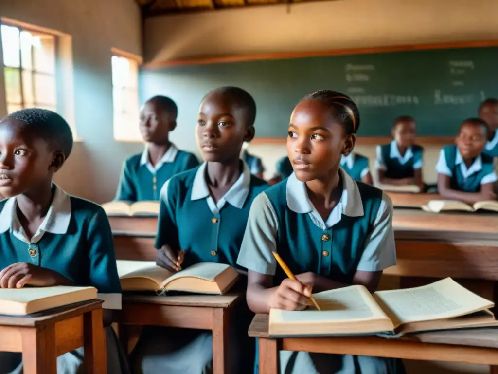 'Niños africanos en clase rural, sedientos de conocimiento bajo luz solar