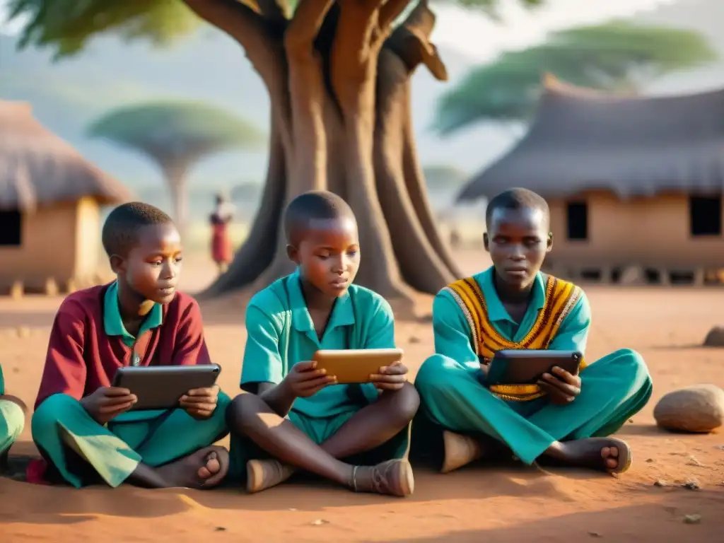 Niños africanos aprendiendo digital bajo un árbol: fusión de tradición y tecnología