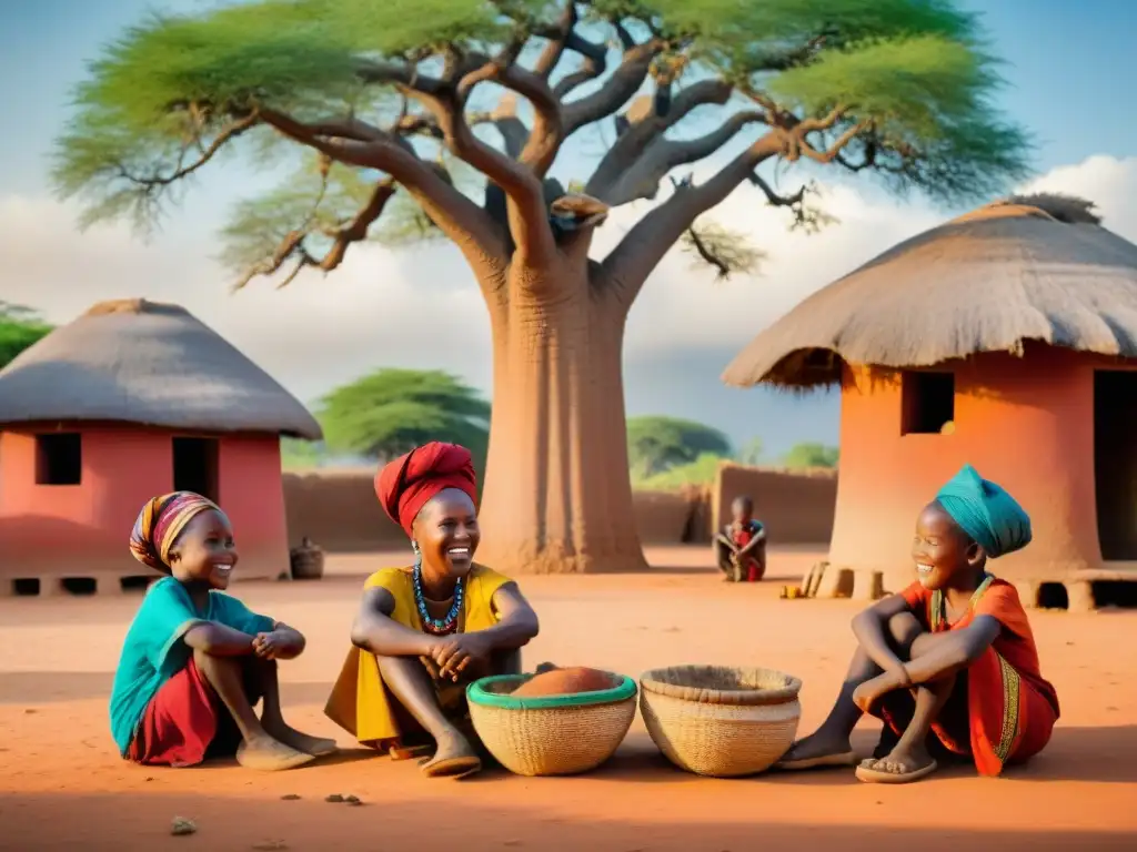 Niños africanos juegan bajo baobab: escena alegre y colorida en aldea rural Niños africanos juegan felices con juguetes hechos a mano bajo un baobab