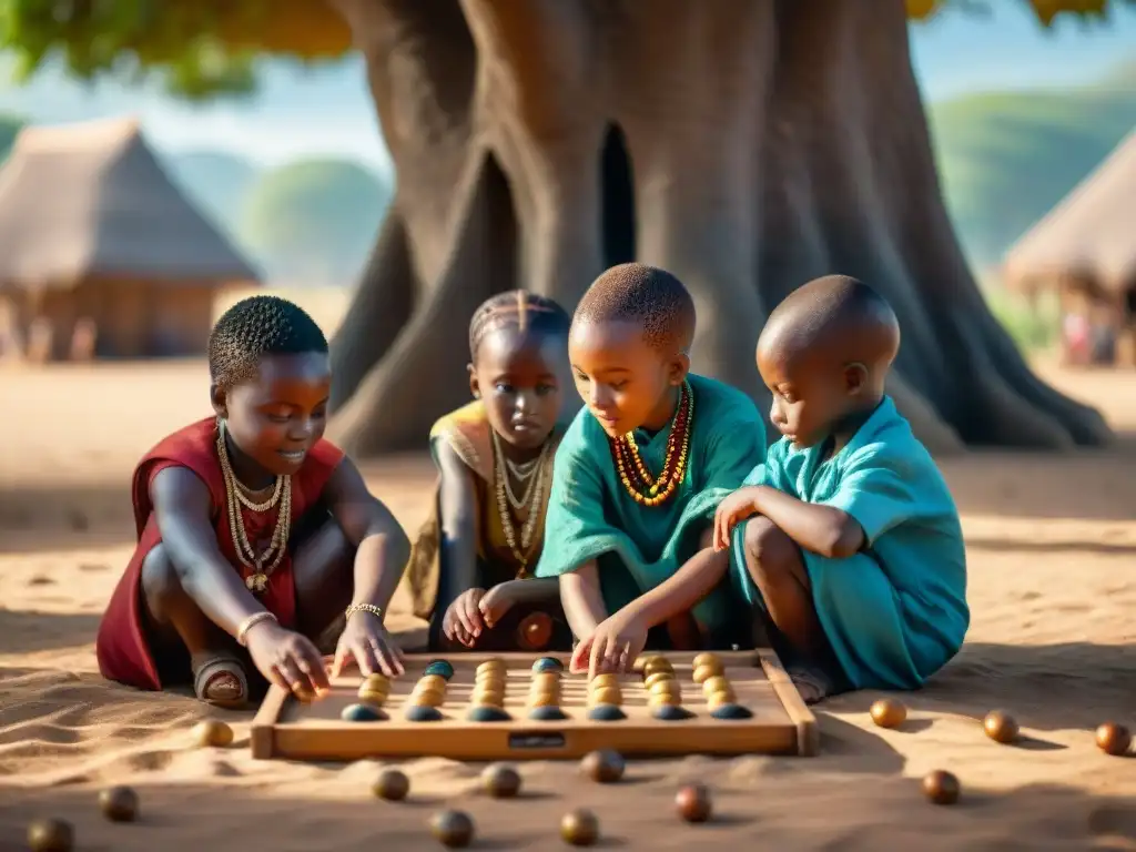 Niños africanos disfrutan de juegos interactivos bajo un árbol, iluminados por el cálido sol