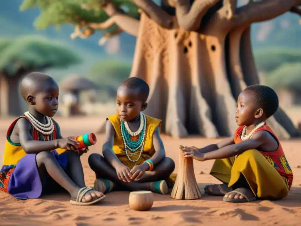 Niños africanos juegan con juguetes tallados bajo un baobab, reflejando la cultura y la infancia en civilizaciones africanas