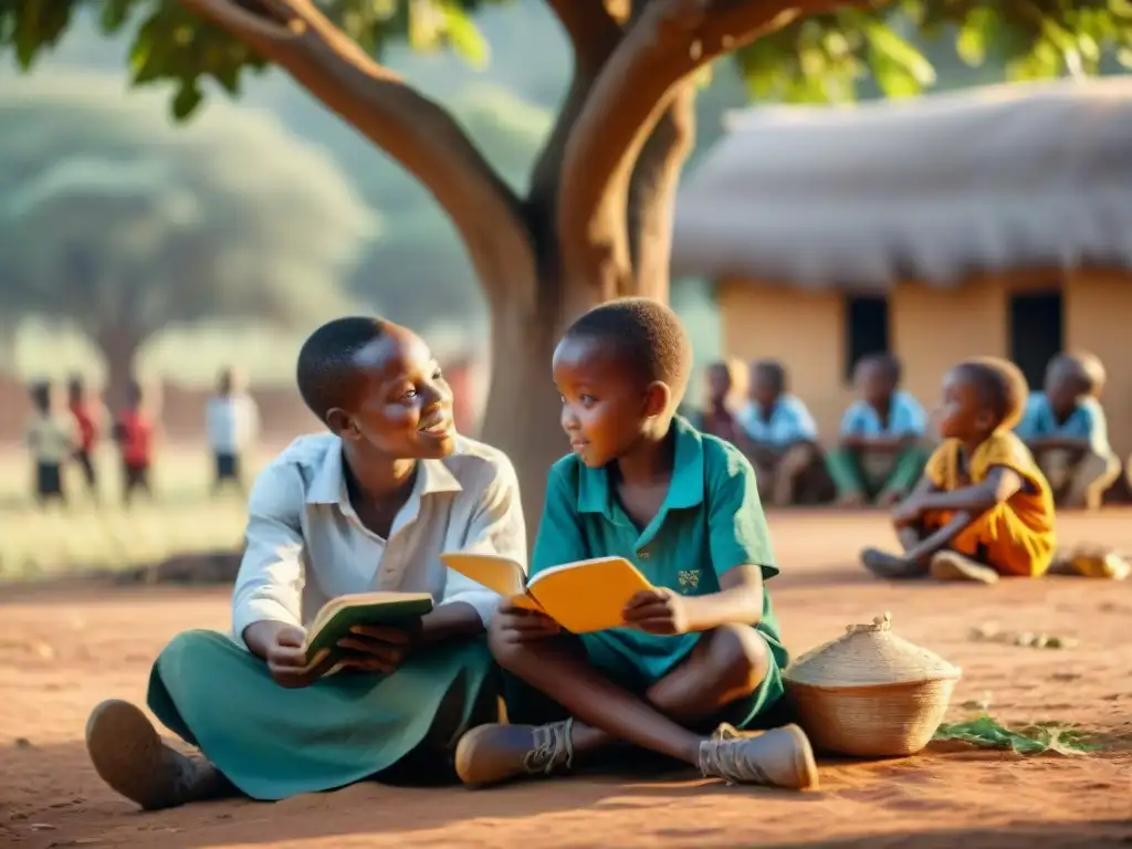 Niños africanos aprenden juntos bajo un árbol, en una escuela comunitaria en África