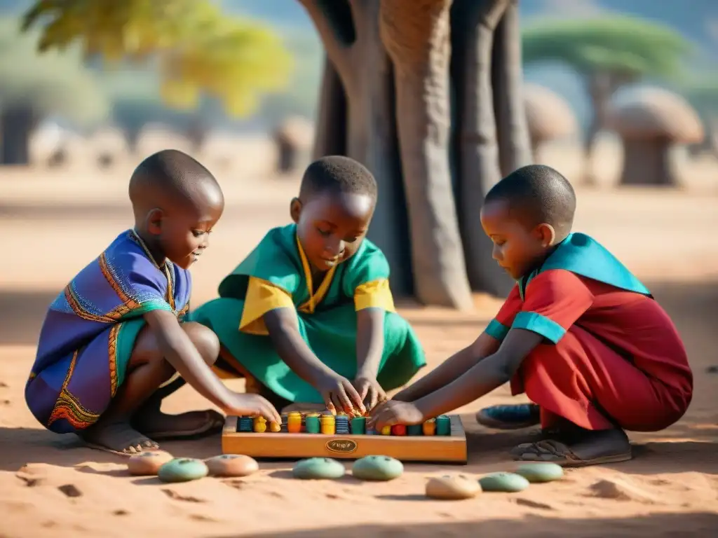 Niños africanos juegan Mancala bajo un Baobab, mostrando la riqueza cultural y los beneficios salud juegos tradicionales africanos