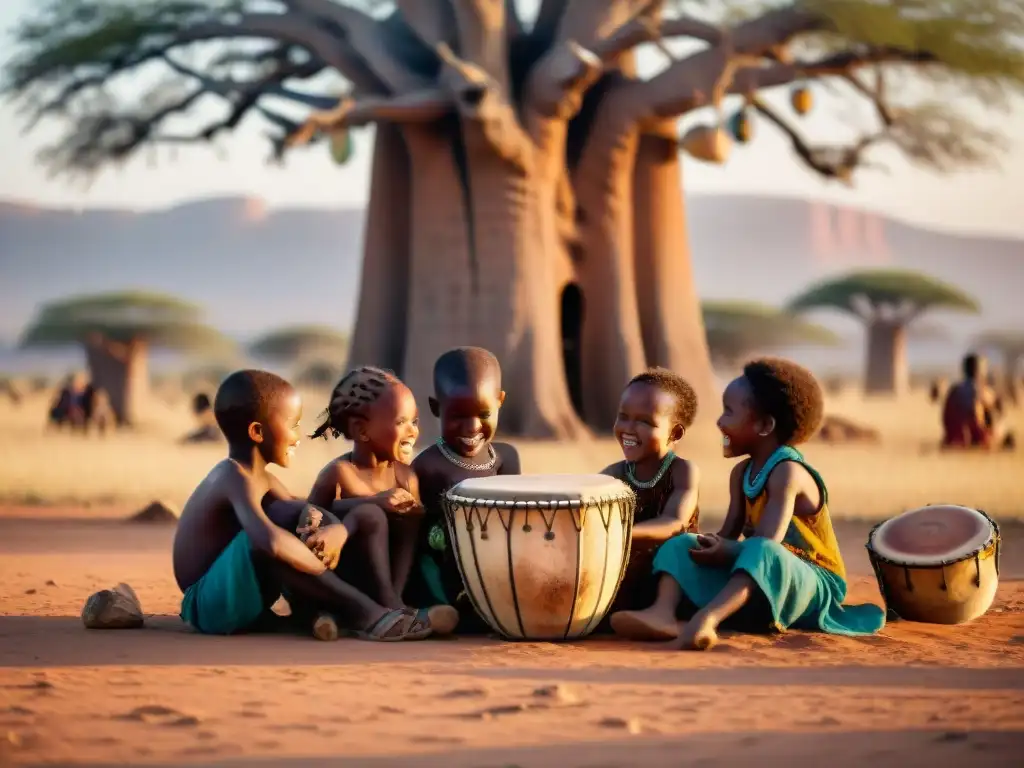 Niños africanos tocando música tradicional bajo un baobab al atardecer