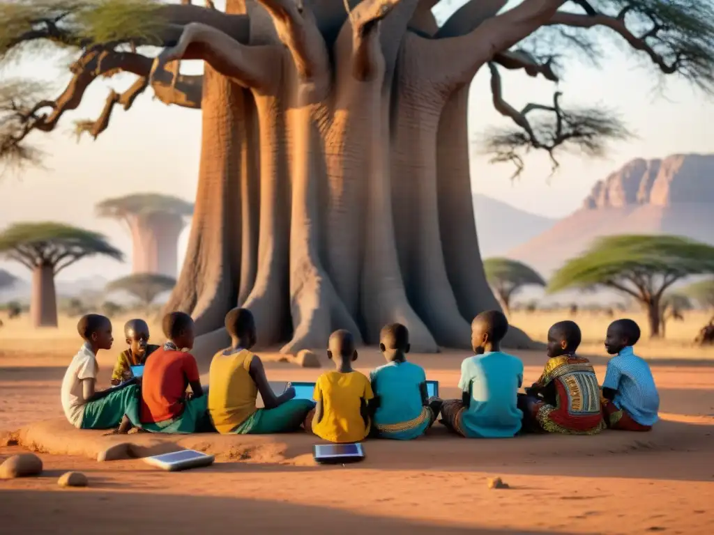 Niños africanos usan tecnología de la información bajo un baobab al atardecer