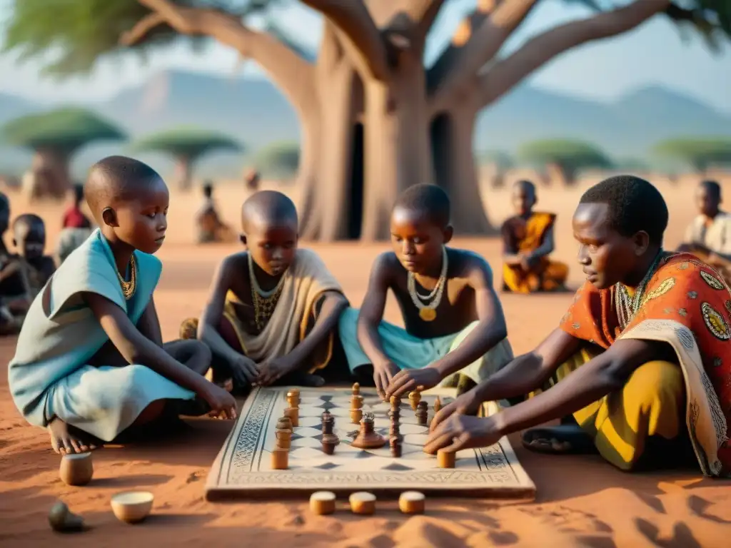 Juego estratégico en aldea africana: niños bajo baobab Niños en aldea africana juegan un juego estratégico bajo baobab