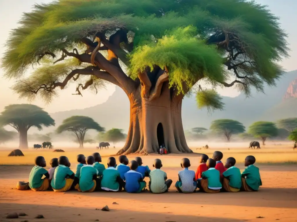 Niños de una aldea local en Mana Pools, Zimbabue, participan fascinados en un taller cultural bajo un árbol baobab