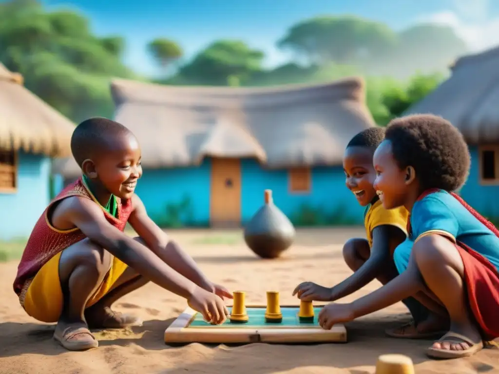 Niños de diversas etnias disfrutan de un juego africano tradicional al aire libre, mostrando alegría y trabajo en equipo