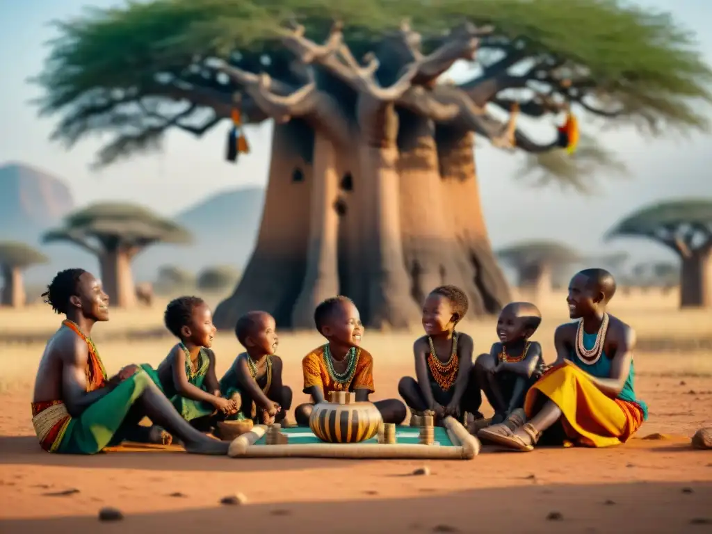 Niños disfrutan de un juego tradicional africano bajo un baobab, resaltando los beneficios salud juegos tradicionales africanos