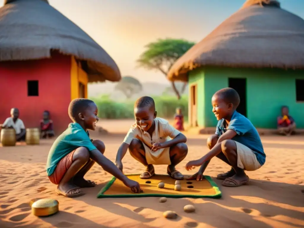 Niños disfrutan juegos tradicionales africanos al atardecer, resaltando beneficios salud