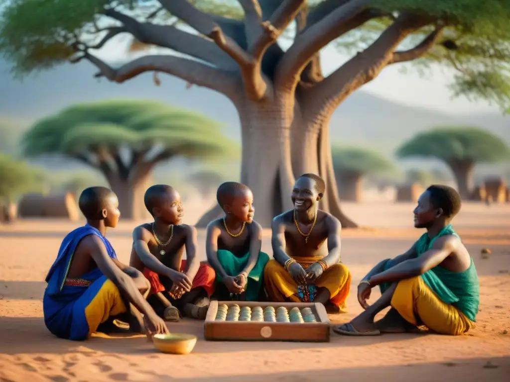 Niños juegan Mancala bajo un Baobab en aldea africana