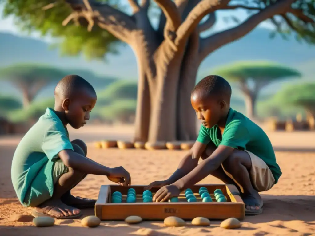 Dos niños juegan Mancala bajo un baobab en una aldea africana, rodeados de naturaleza y huts tradicionales