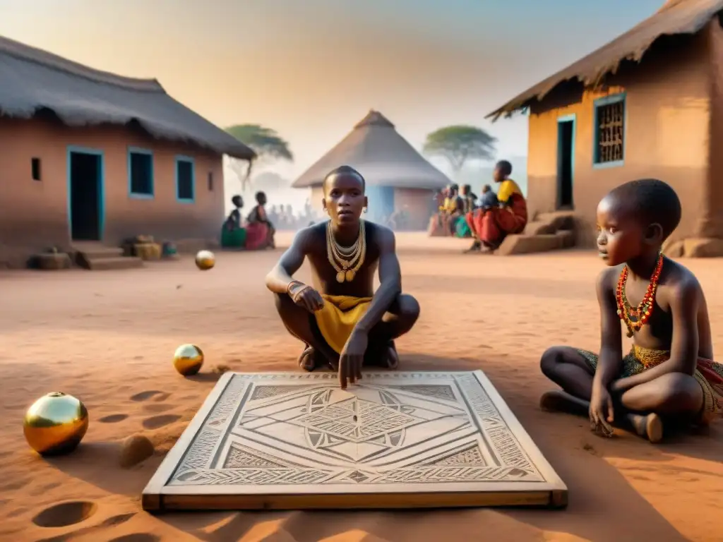 Niños juegan Ampe en plaza africana polvorienta al atardecer, capturando cultura y tradición africana