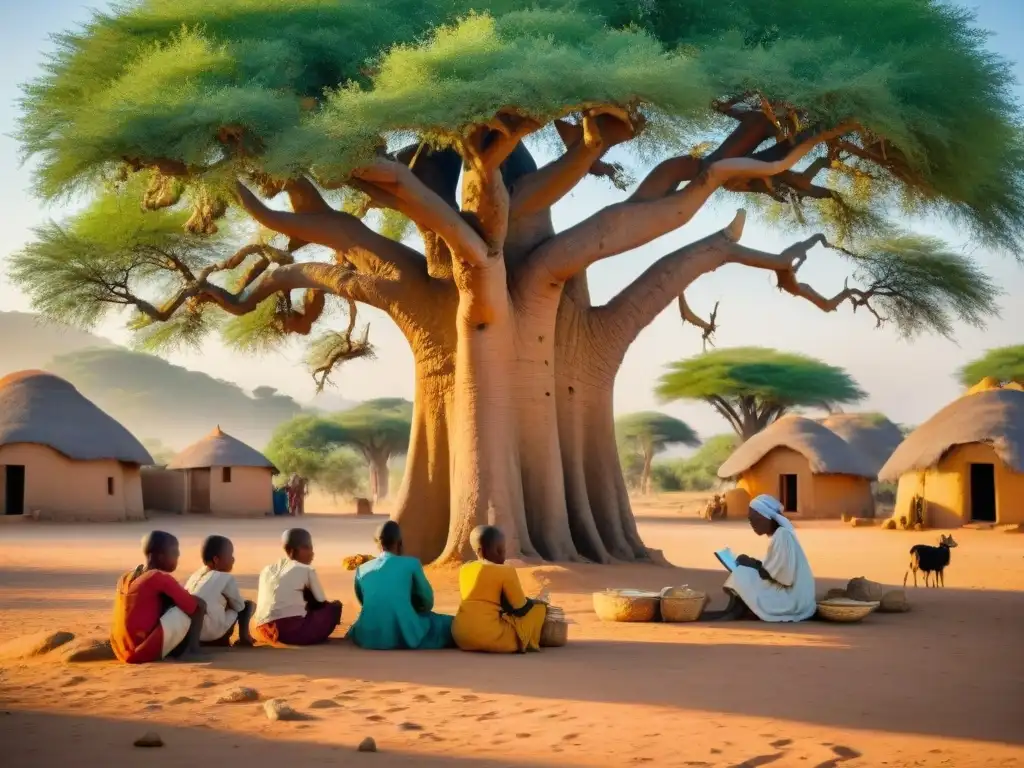 Niños sahelianos aprendiendo debajo de un baobab en un pueblo, creando un ambiente educativo en la escena