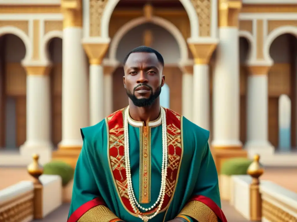 Un noble africano en su palacio frente a un mercado, reflejando la dualidad de tradición y modernidad