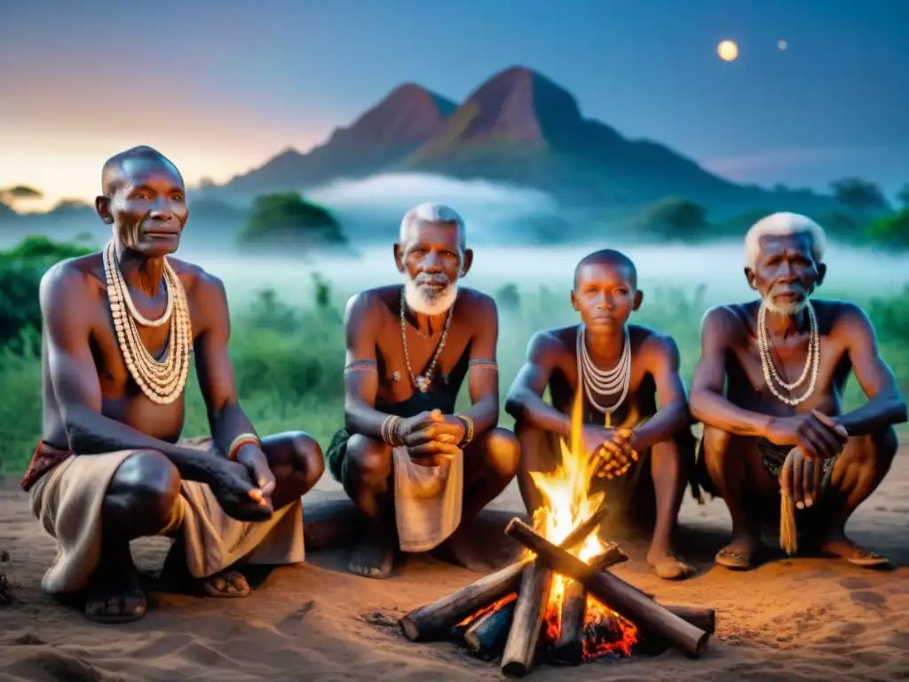 Ancestros reunidos: Elders de África Central en ceremonia nocturna Noche estrellada: Ancianos de etnias africanas alrededor de fuego sagrado, objetos ceremoniales