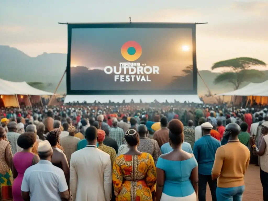 Una noche vibrante en un festival de cine africano, con asistentes diversos disfrutando de una película impactante bajo el cielo estrellado